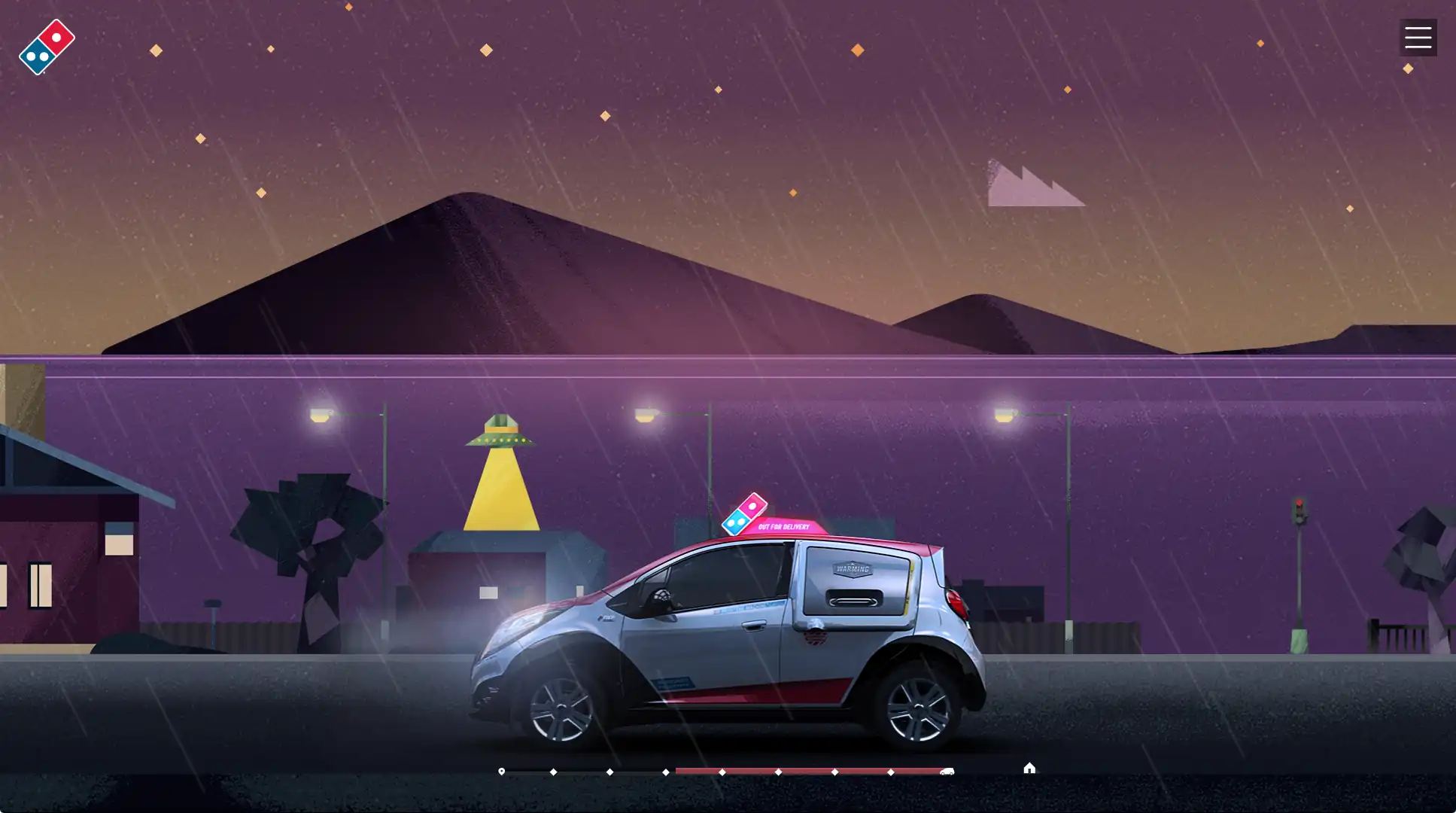 Domino’s DXP driving in the rain with spaceship in background